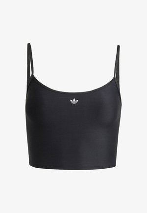 Top corto atlético negro, hecho de una tela suave, con tirantes delgados y un pequeño logotipo blanco en la parte frontal. Diseño sencillo sin patrones.