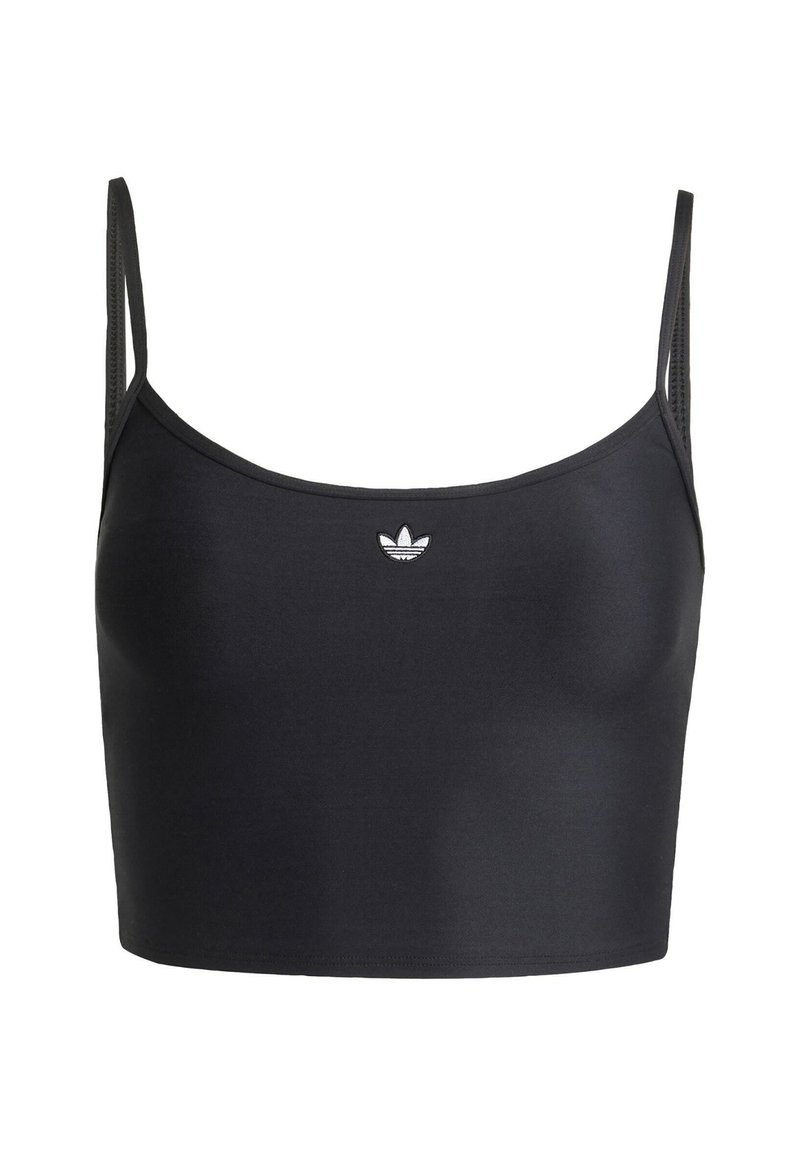 Top corto atletico nero, realizzato in tessuto morbido, con spalline sottili e un piccolo logo bianco sul davanti. Design semplice senza motivi.