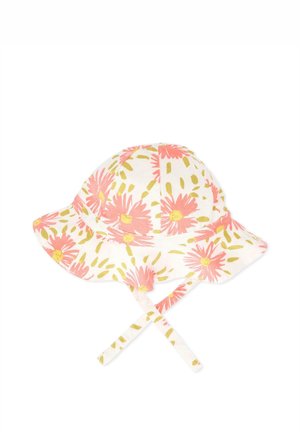Chapeau de soleil blanc pour bébé avec imprimé de marguerite rose et accents de feuilles vertes, avec large bord et brides sous le menton.