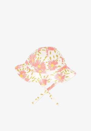 Witte baby zonnehoed met roze madeliefjesprint en groene bladaanduidingen, met brede rand en kinbandjes.