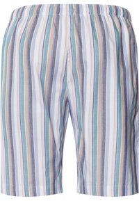 Herren Shorts aus leichtem Stoff mit mehrfarbigen vertikalen Streifen in Blau, Beige und Weiß. Mit einem elastischen Bund.