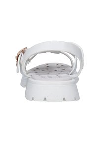 Infradito bianche con suola piatta in gomma, dotate di una fascia larga e di una fibbia decorativa. L'interno presenta una soletta decorata con piccoli dettagli.