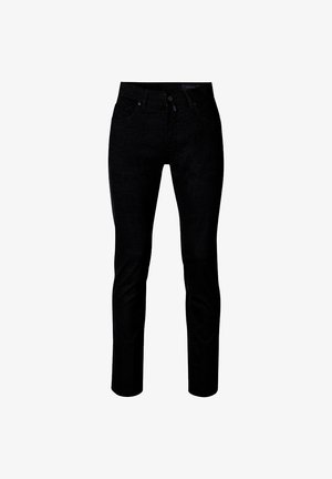 Schwarze Denim-Jeans im Slim-Fit, mit einem klassischen Fünf-Taschen-Design, dezenter Naht und einem Knopfverschluss an der Taille.