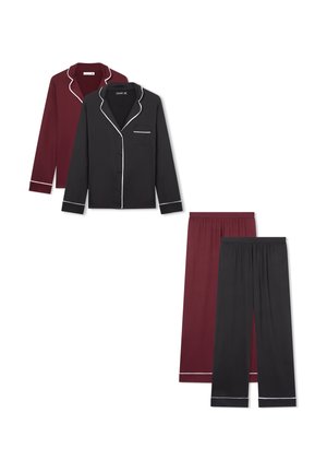 Set di due maglie da pigiama: bordeaux con colletto a scollo e nero con piping bianco, abbinate a pantaloni coordinati in bordeaux e nero.