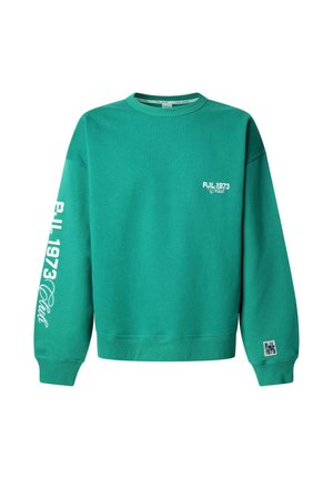 Green sweatshirt made of cotton, featuring a ribbed crew neckline, long sleeves, and printed text on the front and sleeve in white.