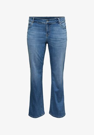 Mėlynos spalvos džinsai iš drobės medžiagos, vidutinio aukščio liemeniu, su sagų užsegimu, priekinėmis kišenėmis, švelniu blukimu ir šiek tiek platėjančiomis kojomis.