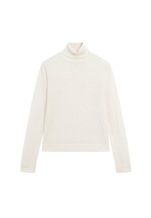 Weißer Rollkragenpullover, aus weichem Strickmaterial, mit langen Ärmeln, figurbetontem Schnitt, gerippten Bündchen und Saum, minimalistisch im Design ohne Muster oder Akzente.