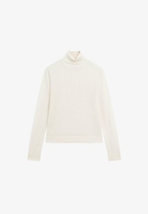 Maglione bianco a collo alto, in morbido materiale a maglia, maniche lunghe, forma attillata, con polsini e orlo a coste, design minimalista senza pattern o accenti.