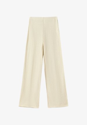 Pantaloni cu croi larg, dintr-un material texturat, de culoare crem. Designul prezintă un model tip waffled, cu talie înaltă și picioare de lungime completă.