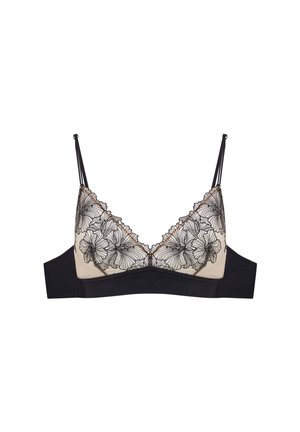 Czarna miękka staniki z nude podstawą i czarną koronką w kwiatowy wzór. Regulowane ramiączka, falbaniaste krawędzie oraz gładki fason pasa.