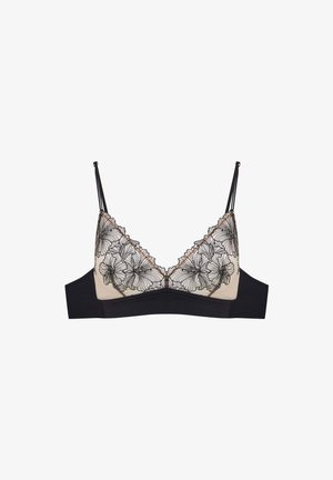 Czarna miękka staniki z nude podstawą i czarną koronką w kwiatowy wzór. Regulowane ramiączka, falbaniaste krawędzie oraz gładki fason pasa.