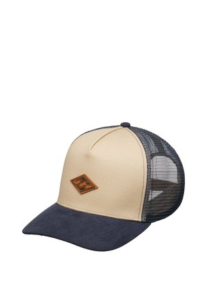 Honkbalkap met beige voorkant en marineblauwe klep. Mesh achterkant en bruine logopatch met golvende ontwerp. Suède textuur op de klep.