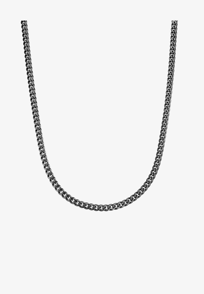 Collier en chaîne argenté présentant des maillons entrelacés avec une finition lisse, exhibant un design arrondi et une texture brillante uniforme.