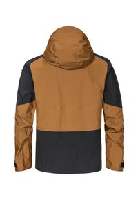 Wasserabweisende Jacke mit Kapuze, bestehend aus einem oberen Teil in Braun und einem unteren Teil in Dunkelblau. Strukturierter Stoff mit verstellbaren Bündchen.