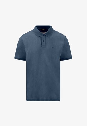 Granatowa koszulka polo z krótkim rękawem, z prążkowanym kołnierzykiem i ściągaczami na rękawach, z dwukolorowym plisowaniem i subtelnym haftowanym logo na piersi.