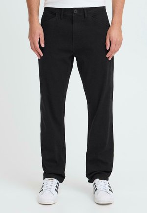 Black pants with a straight-leg design, made from cotton material. Features front pockets and a single button closure at the waist.