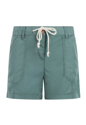 Turkooise casual shorts met voorzakken, knoop en wit trekkoordsluiting, en omgeslagen zoom, weergegeven op een witte achtergrond.