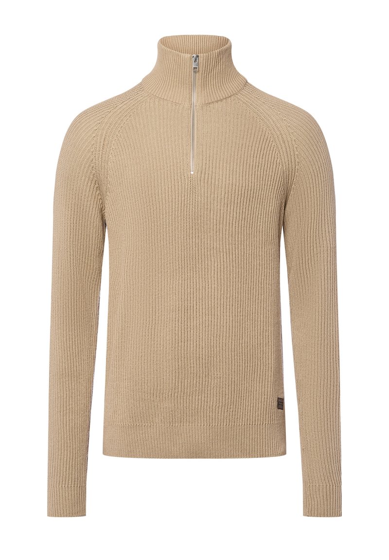 Beige geribde trui met een hoge hals en kwartrits, voorzien van lange mouwen en een gestructureerde stof voor extra warmte en detail.