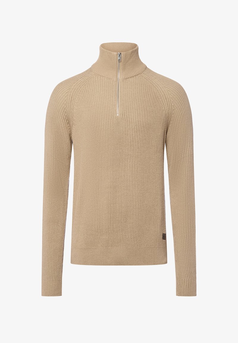 Beige geribde trui met een hoge hals en kwartrits, voorzien van lange mouwen en een gestructureerde stof voor extra warmte en detail.
