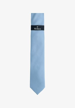 Light blue tie made of smooth fabric, featuring a pointed end and a branded black tag with white text reading "Willen."