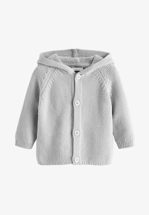 Grau gestrickte Babyjacke mit Kapuze, die ein strukturiertes Muster aufweist und fünf weiße Knöpfe auf der Vorderseite hat. Rippbündchen runden das Design ab.