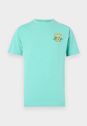 Türkises Baumwoll-T-Shirt mit kurzen Ärmeln, Rundhalsausschnitt und einem kleinen bunten Blumenmotiv auf der Brust. Glatte Textur, lässiges Design.