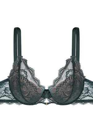 Dark green lace bra with scalloped edges, sheer cups, and decorative floral pattern, featuring adjustable straps and a gold accent at the center.