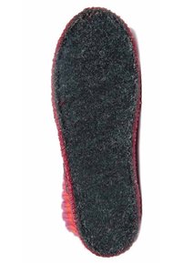 Sole of a slipper with a textured black surface, bordered by a red stitching. The design is flat and features a fuzzy texture.