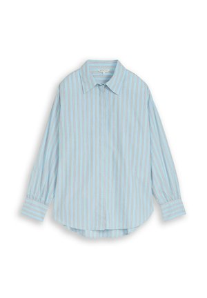 Lichtblauw overhemd met lange mouwen, verticale rode en witte strepen, puntige kraag, knoopmanchetten en afgeronde zoom.