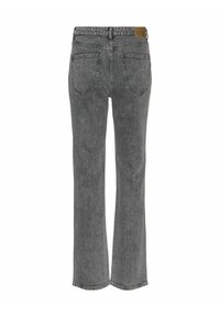 Jeans droits en denim gris délavé, avec une taille haute, deux poches arrière et une patch en cuir avec logo à la taille.