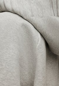 Felpa con cappuccio grigio chiaro in tessuto morbido e strutturato. Presenta un cappuccio e scritte in rilievo. Il tessuto sembra accogliente con una finitura liscia.