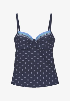 Marineblaues Tankini-Oberteil mit blau gemustertem Besatz, ausgestattet mit geformten Cups, verstellbaren Trägern und einem gerafften Vorderteil mit kleinen weißen Blumenakzenten.
