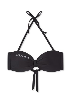 Top bikini a fascia nera con laccio al collo e nodo centrale, testo bianco "Terranova" sul lato sinistro, su sfondo bianco.