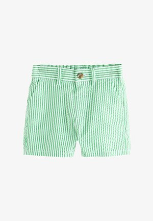 Pantalones cortos de algodón a rayas verticales verdes y blancas con cierre de botón, trabillas para cinturón y bolsillos laterales.