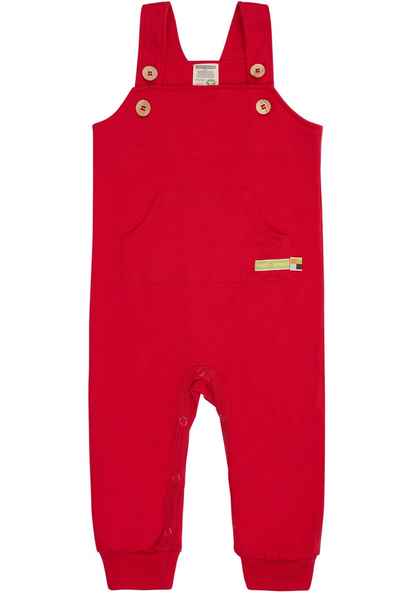 Rote Baumwoll-Trägerhose mit zwei Schulterriemen, Holzknöpfen, einer Fronttasche und Druckknöpfen an den Beinen für ein einfaches Ankleiden.