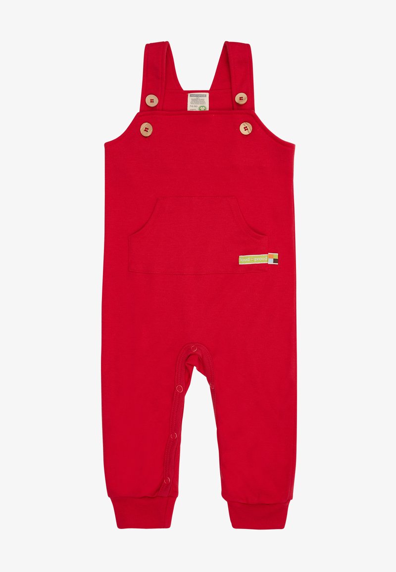 Red cotton overall with two shoulder straps, wooden buttons, front pocket, and snap closures at the legs for easy dressing.