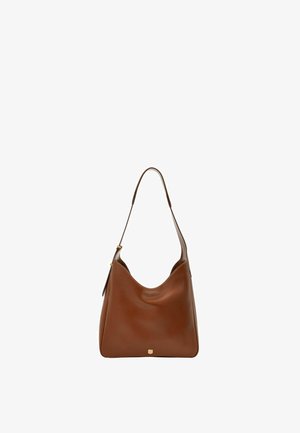 Brown leather hobo bag with a smooth texture, curved top, single shoulder strap, and a small gold logo detail at the base.