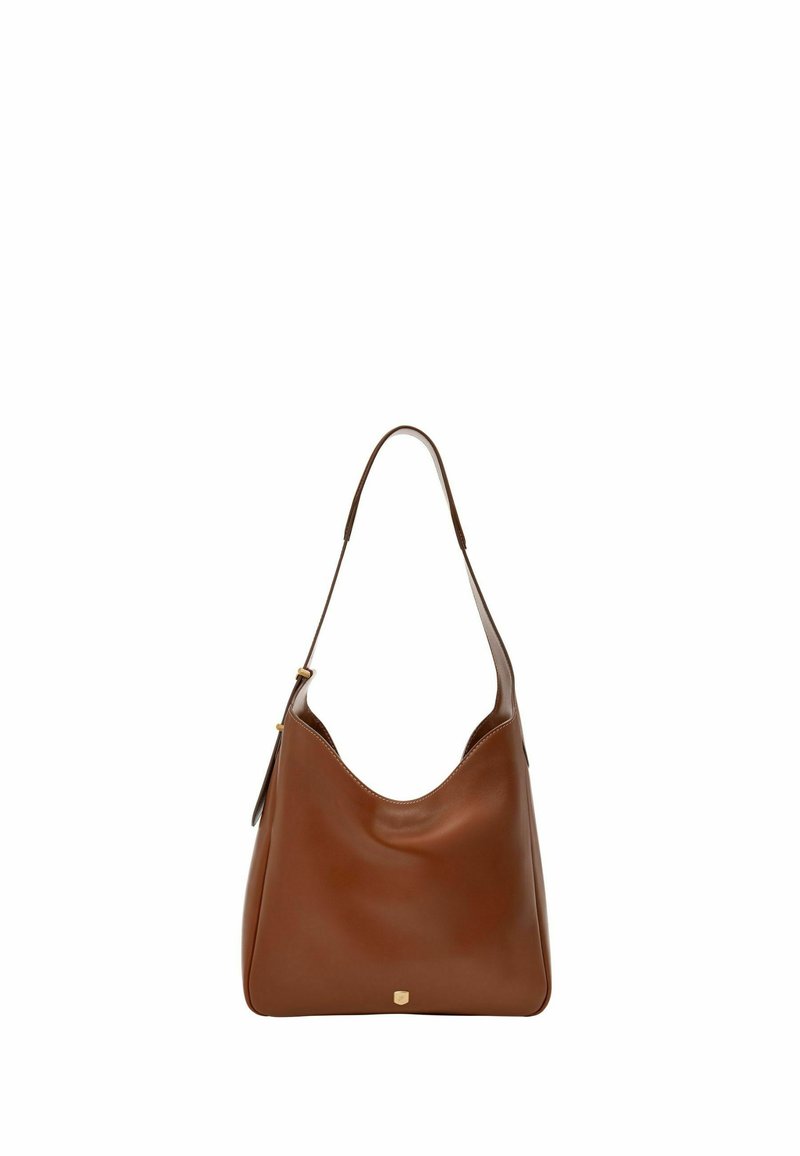 Brun läder hobo-väska med en slät yta, böjd topp, en enkel axelrem och en liten guldlogotypdetalj vid basen.