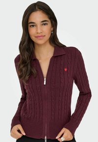 Bordo krūtis ar rāvējslēdzēju ar kabelīša adījumu, ar ribotiem piedurknēm un apakšmalu, ar nelielu sarkanu sirds akcentu kreisajā krūtī.