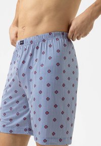 Boxershort met een blauw-wit gestreept patroon en rode bloemenaccenten. Elastische taille, lichtgewicht stof, relaxte pasvorm.