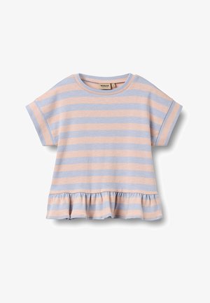 Tricou cu mânecă scurtă pentru copil mic, cu dungi orizontale roz și albastru deschis și tiv cu volănașe pe fundal alb.