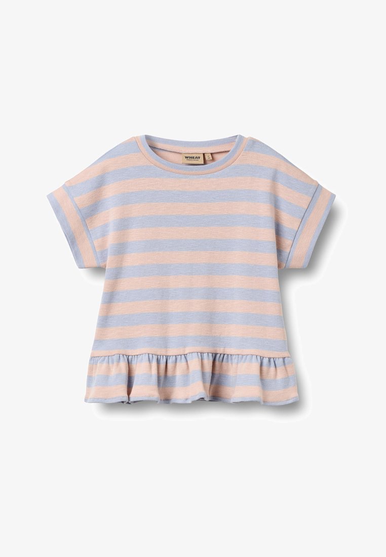 Majica za malu djecu kratkih rukava s ružičastim i svijetloplavim horizontalnim prugama te naboranim rubom na bijeloj pozadini.