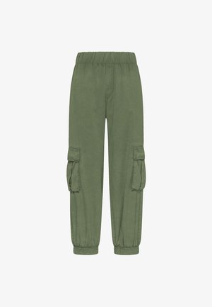 Zielone spodnie cargo z elastycznym paskiem w talii, wyposażone w dwie boczne kieszenie i zwężane nogawki. Wykonane z miękkiego materiału o matowym wykończeniu.