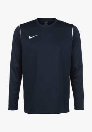 Granatowa koszulka Nike z długim rękawem, wykonana z lekkiego materiału. Posiada okrągły dekolt, białe paski akcentujące oraz małe logo na klatce piersiowej.