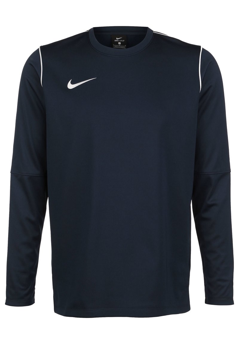 Navy long-sleeve Nike shirt made of lightweight fabric. Features a round neckline, white accent stripes, and a small logo on the chest.