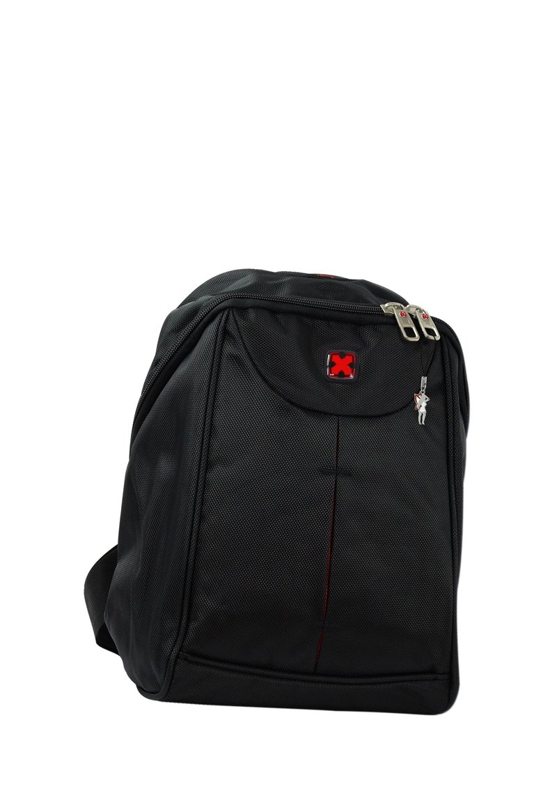 Black backpack made of textured fabric with red accents. Features a top zip closure, a front pocket, and double zippers for easy access.