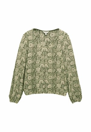 Grüne langärmelige Bluse mit beigem Blumenmuster, rundem Ausschnitt und elastischen Bündchen, flach auf einem weißen Hintergrund ausgelegt.