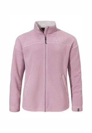 Hellviolette Fleecejacke mit durchgehendem Frontreißverschluss, zwei Vorderentaschen und Stehkragen, entworfen für Wärme und Komfort.