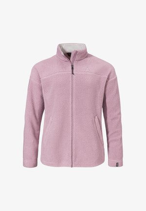 Hellviolette Fleecejacke mit durchgehendem Frontreißverschluss, zwei Vorderentaschen und Stehkragen, entworfen für Wärme und Komfort.