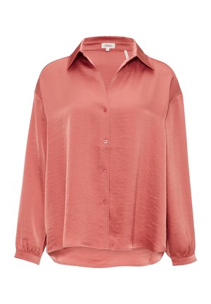 Blouse en soie rose avec un devant à boutons, un col et des manches longues. Caractéristiques : coupe décontractée et subtile brillance. Ourlet arrondi en bas.